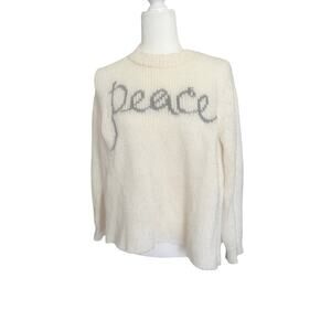 WOODEN SHIPS Open Knit White "Peace" Crew Neck Sweater in S/M